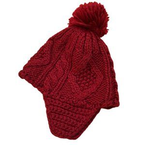 Jacob Red Cable Knit Pom Pom Wool Ear Flap Toque